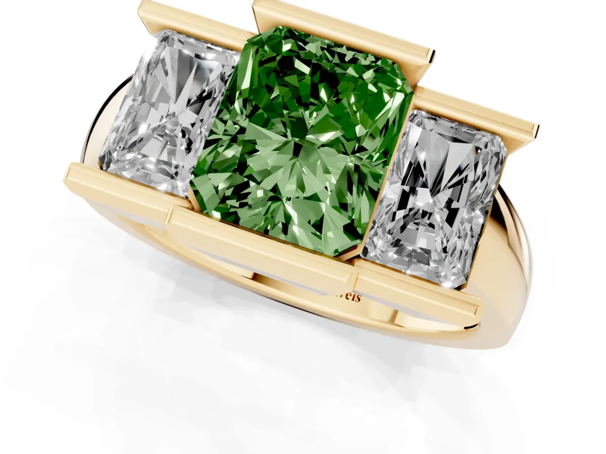 Fancy Green Three Stone Radiant Cut Cut Channel Set Diamond Ring Yellow gold