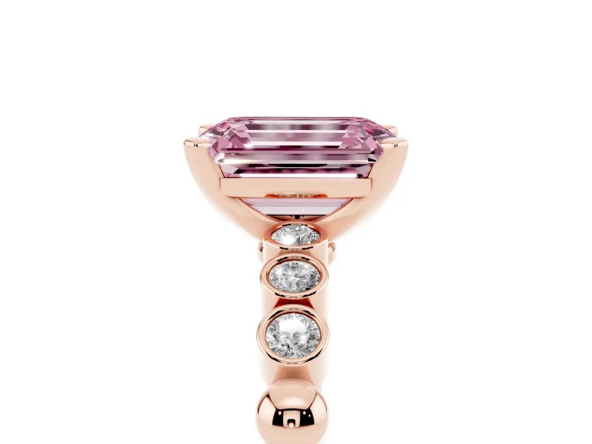 Fancy Pink Emerald Cut Solitaire Bezel Accent Diamond Engagement Ring with Beaded Band and Four-Prong Setting Rose gold