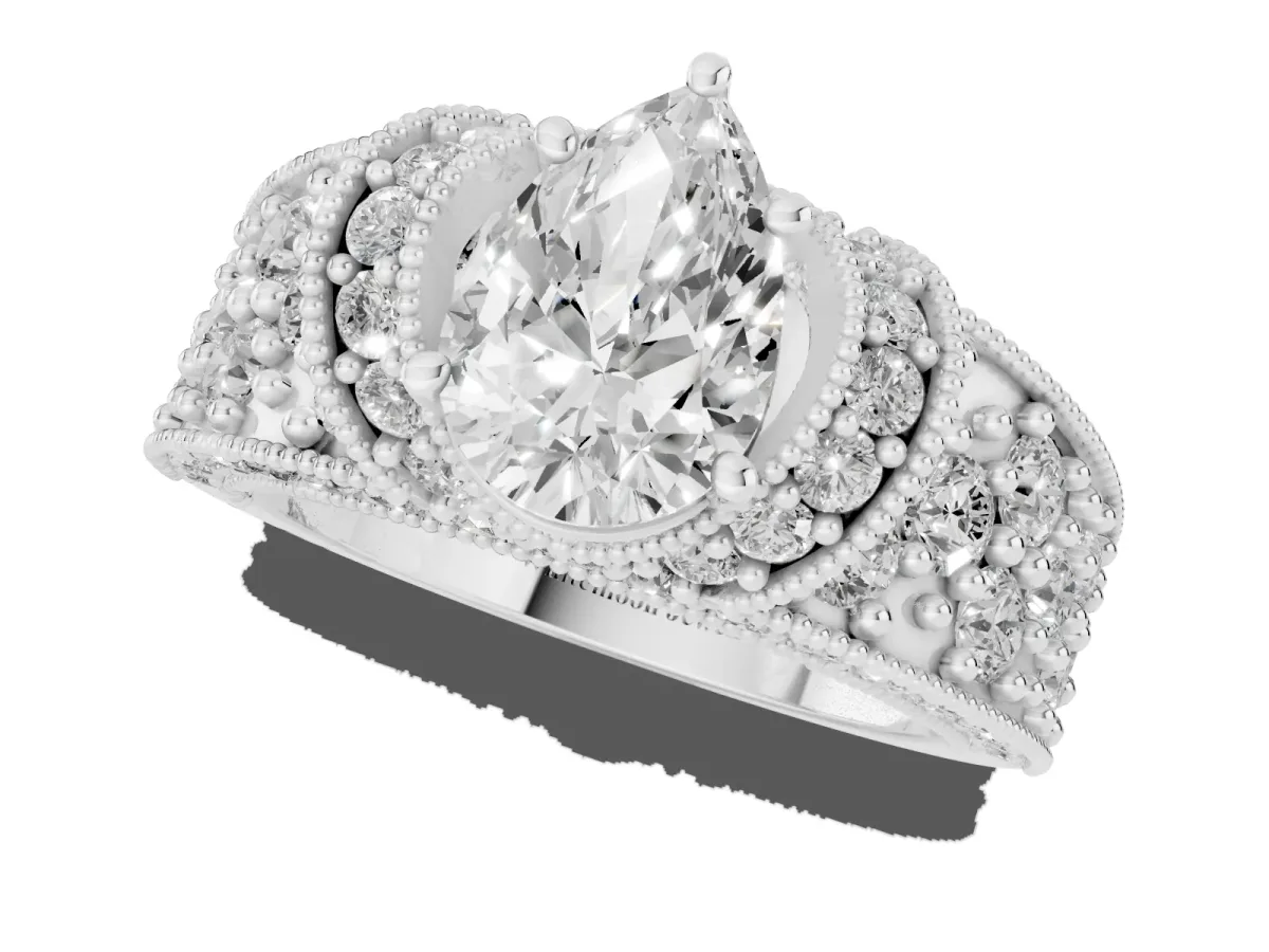 Pear Cut Halo Pave Diamond Engagement Ring with Milgrain Detailing Silver