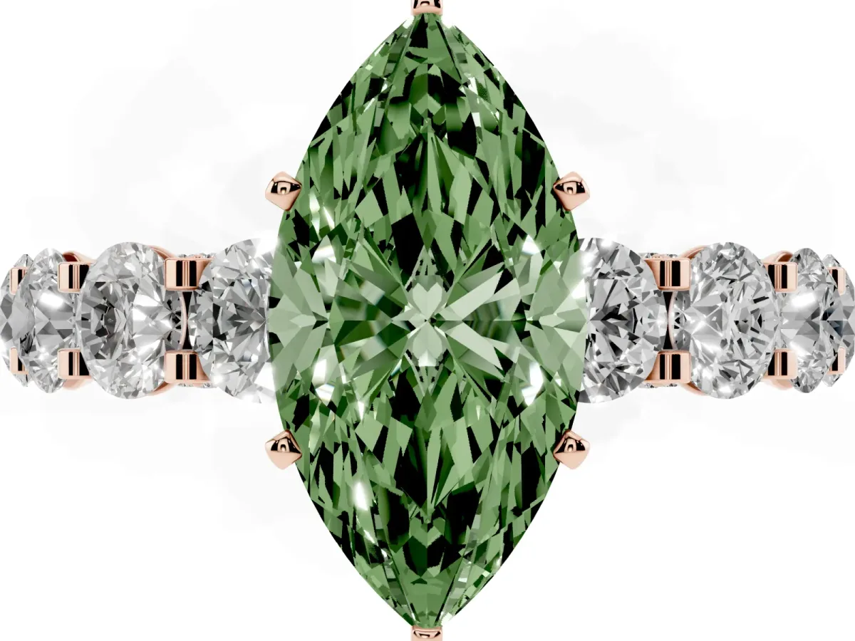 Fancy Green Marquise Cut Diamond Side Stone Engagement Ring with Four-Prong Setting Rose gold