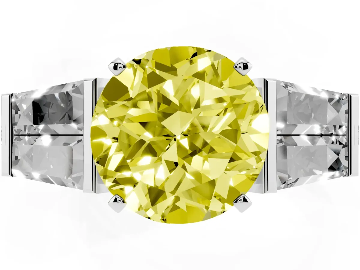Fancy Yellow Round Cut Diamond Engagement Ring with Baguette Side Stones and Channel Set Band Silver