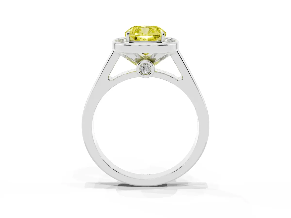 Fancy Yellow Cushion Cut Halo Solitaire Diamond Ring with Pave Band and Bezel Setting Platinum