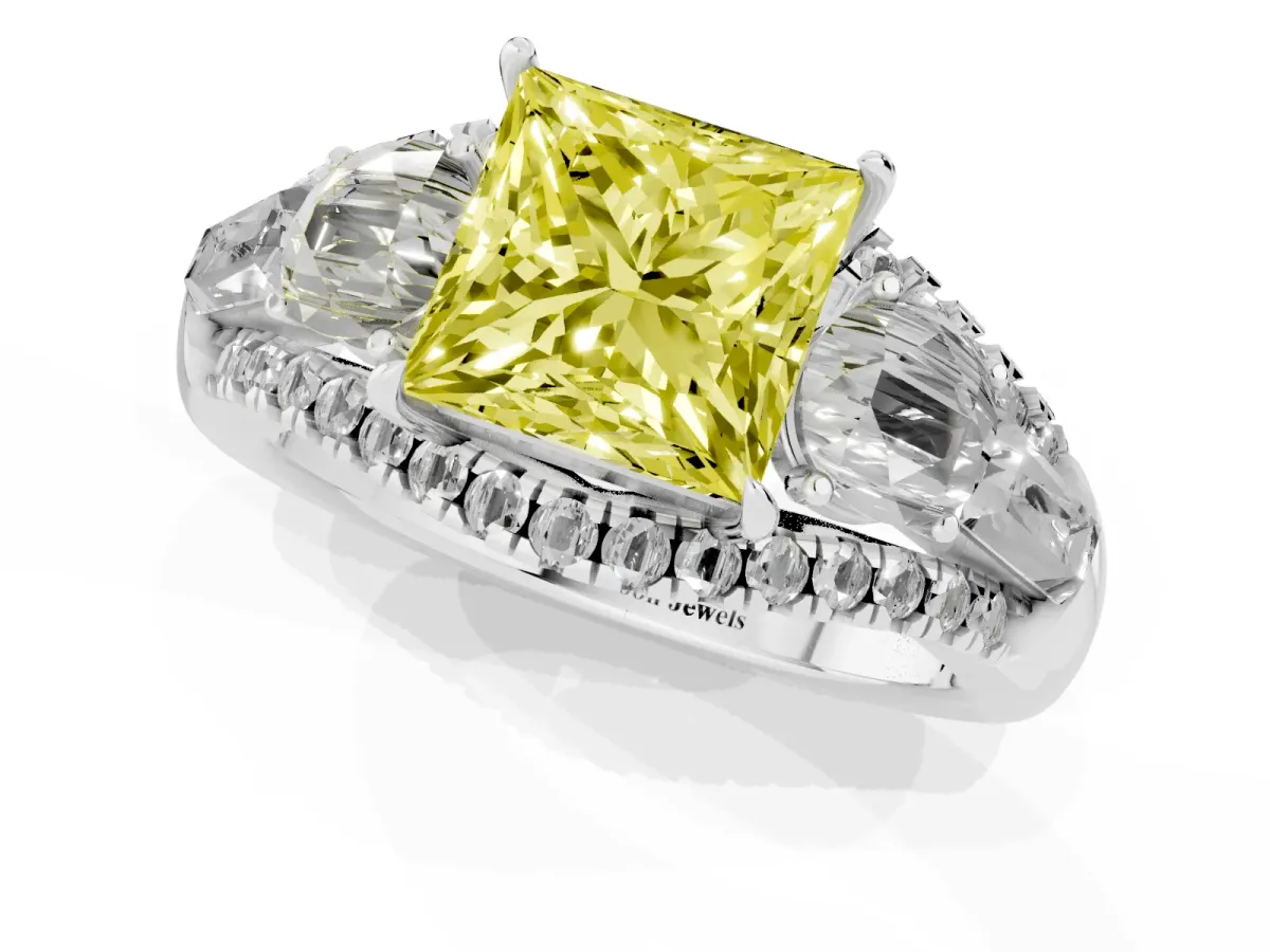 Fancy Yellow Three-Stone Princess Cut Diamond Engagement Ring with Pave Band and Prong Setting Silver