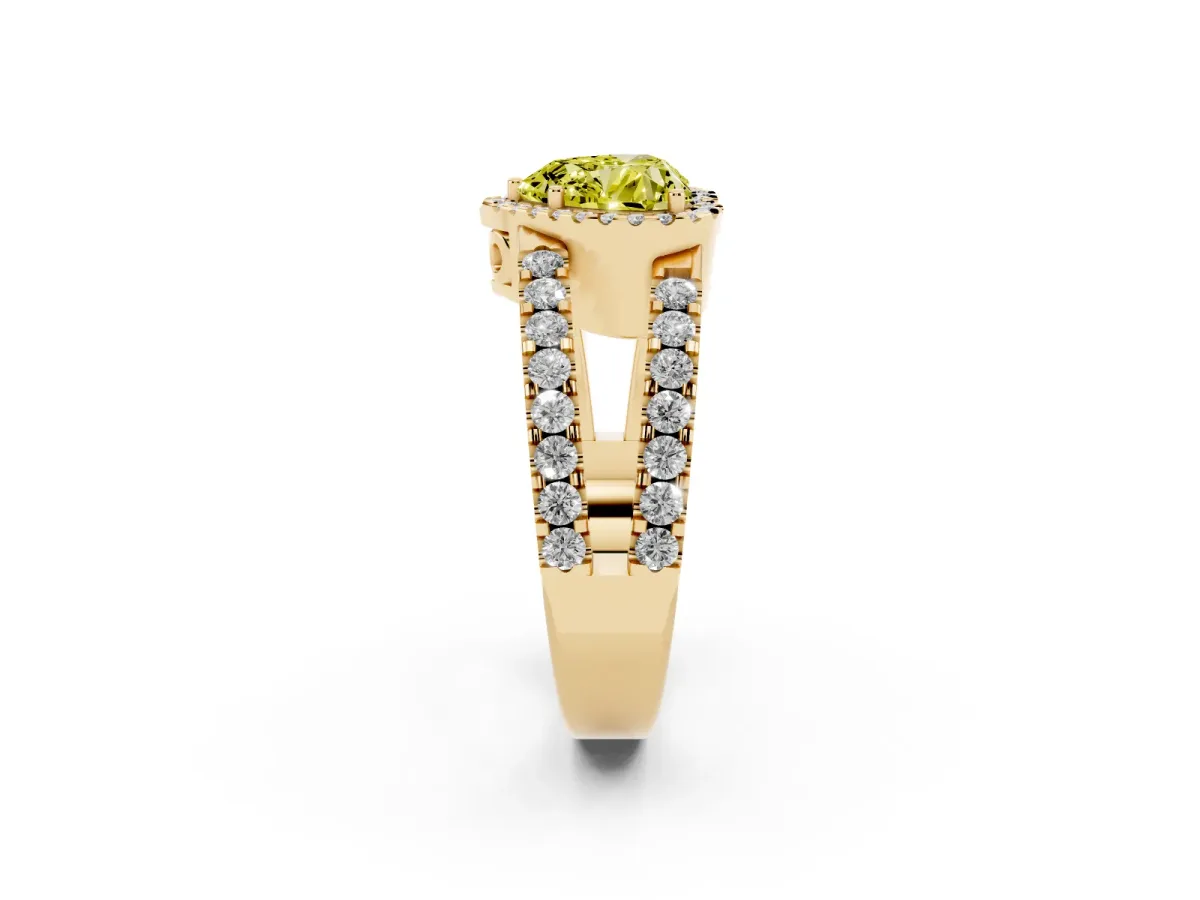 Fancy Yellow Heart Cut Cut Halo Split Shank Diamond Ring with Four-Prong Setting Yellow gold