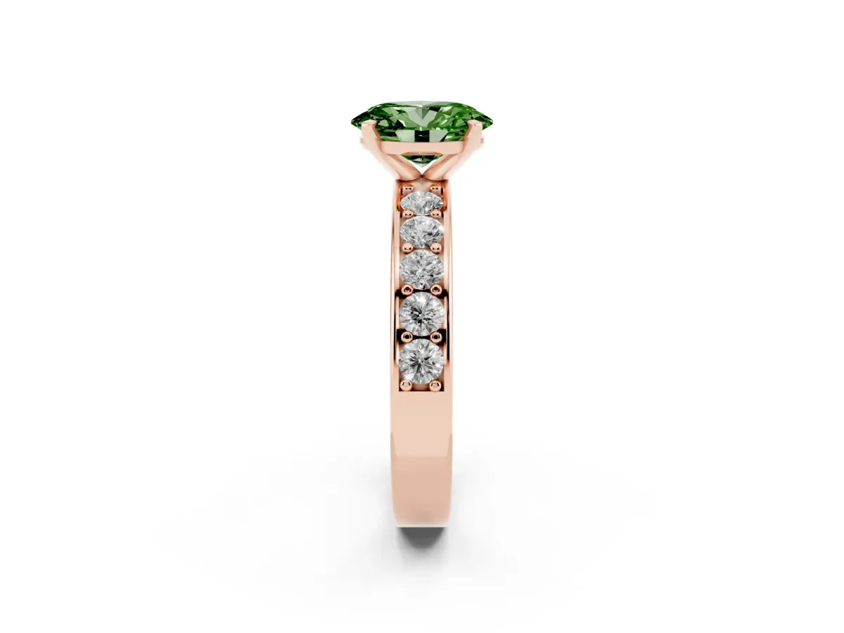 Fancy Green Oval Cut Diamond Engagement Ring with Channel Set Round Band and Prong Setting Rose gold