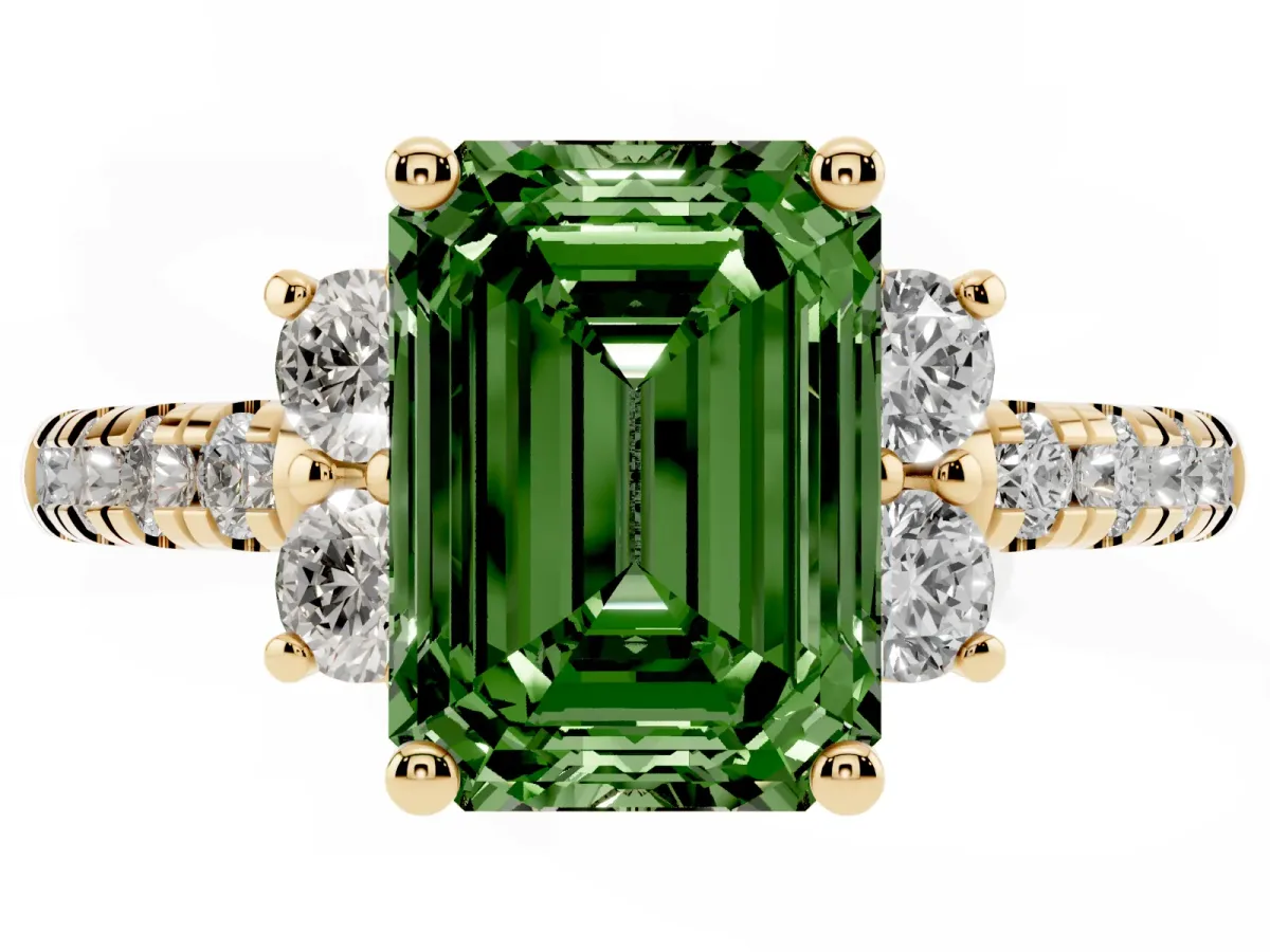 Fancy Green Emerald Cut Diamond Three-Stone Pave Band with Four-Prong Setting Yellow gold