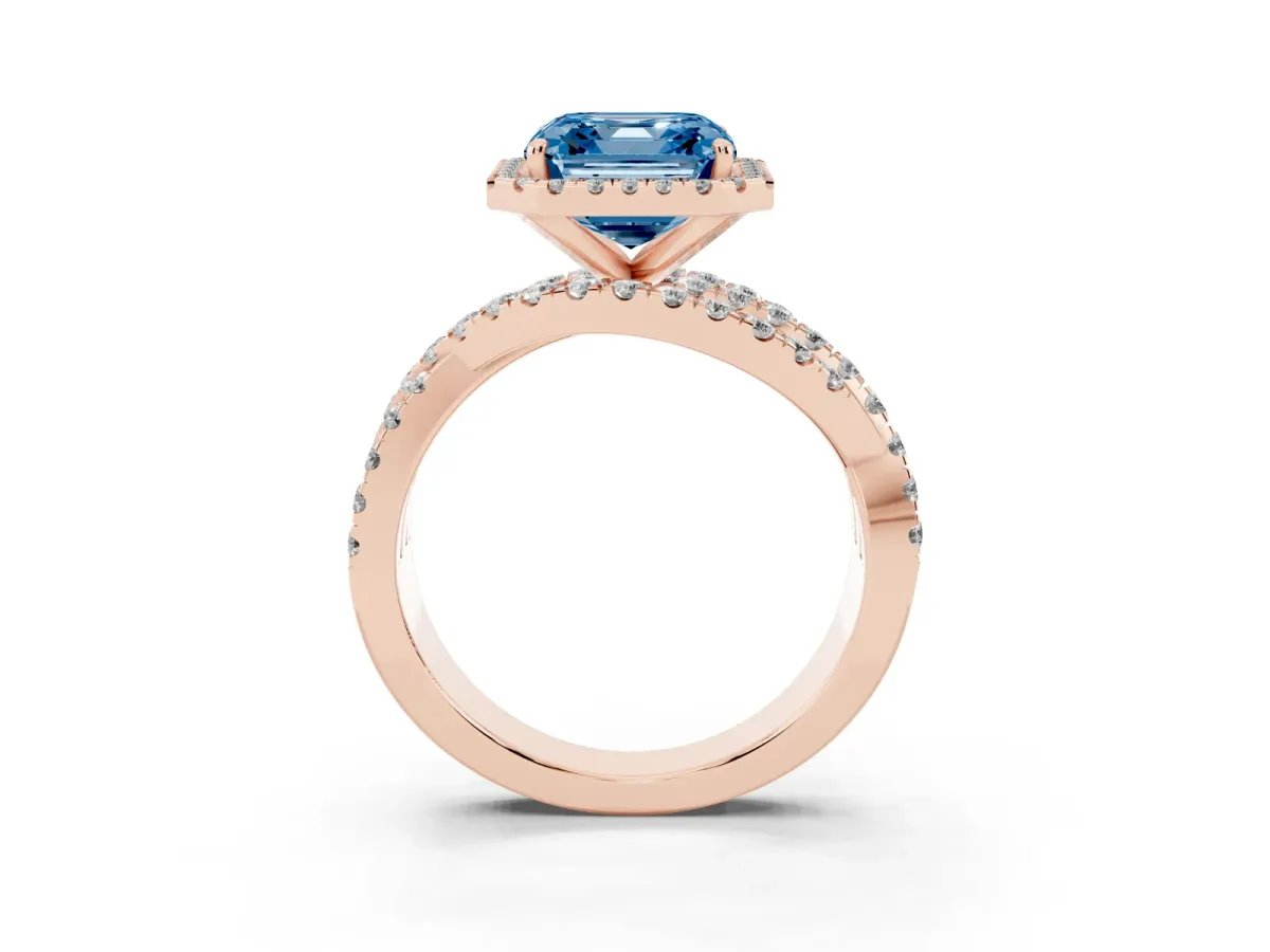 Fancy Blue Asscher Cut Diamond Halo Ring with Round Split Shank and Prong Setting Rose gold
