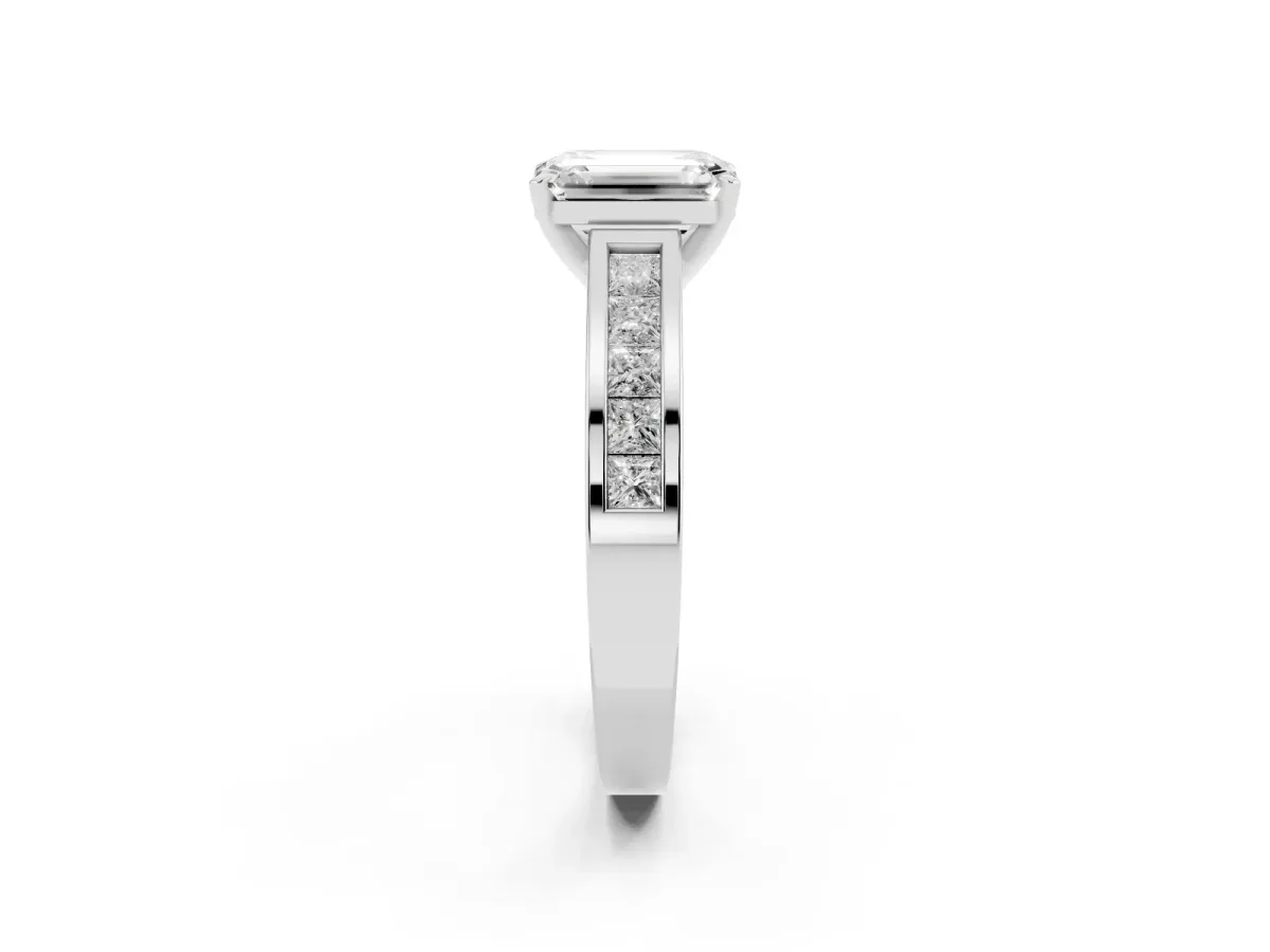 Emerald Cut Solitaire Diamond Ring with Channel-Set Band and Four-Prong Setting Platinum