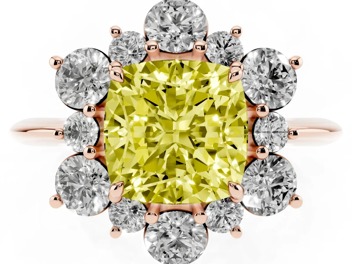 Fancy Yellow Cushion Cut Diamond Cluster Halo Ring with Solitaire Band and Four-Prong Setting Rose gold