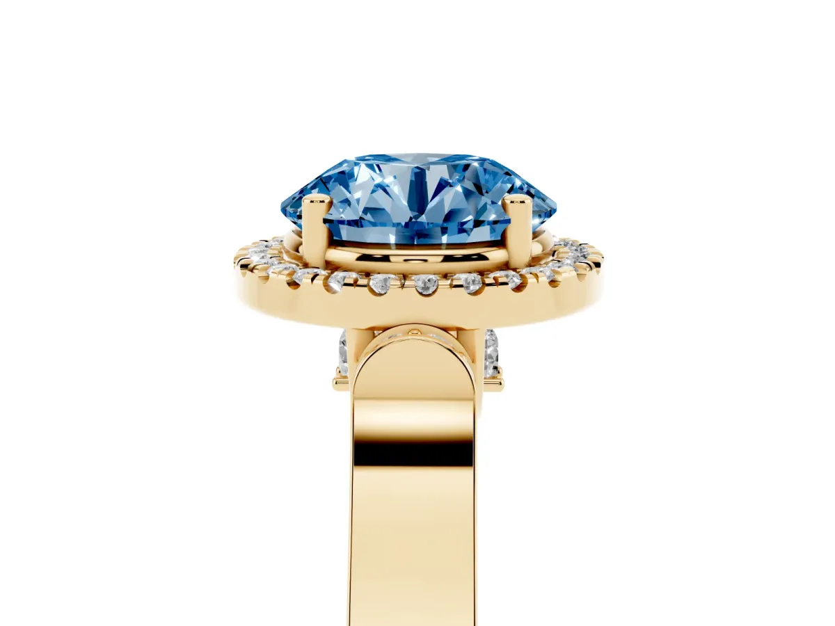 Fancy Blue Round Cut Halo Round Diamond Twist Band with Four-Prong Setting Yellow gold