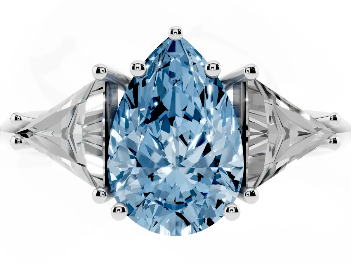 Fancy Blue Three-Stone Pear Cut Diamond Engagement Ring with Trillion Side Stones and Prong Setting Silver