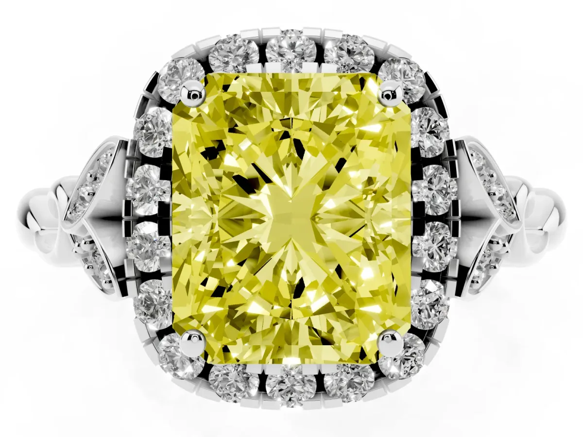 Fancy Yellow Radiant Cut Halo Diamond Engagement Ring with Vintage-Inspired Band and Four-Prong Setting White gold