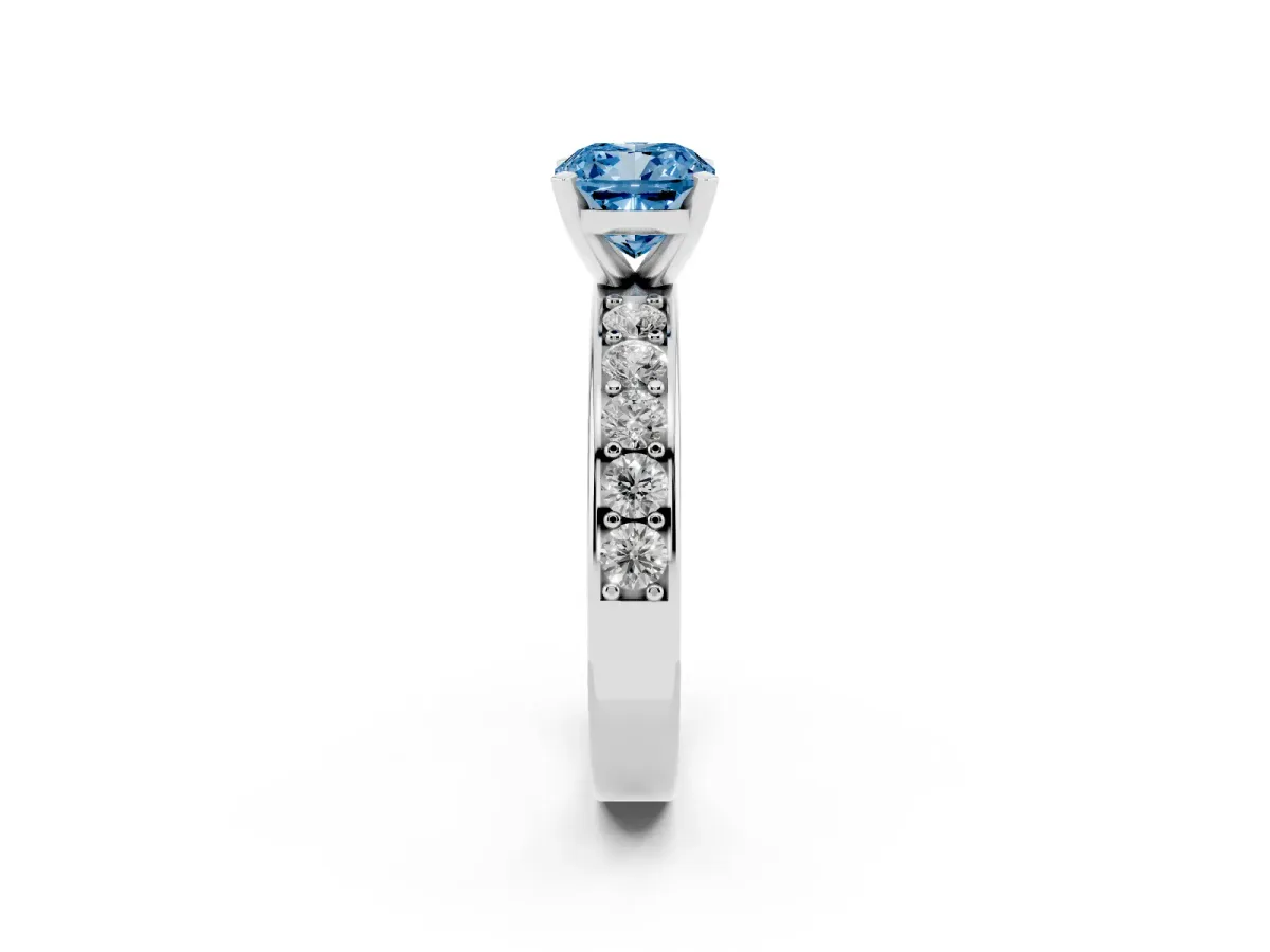 Fancy Blue Cushion Cut Diamond Engagement Ring with Channel Set Round Band and Prong Setting Silver