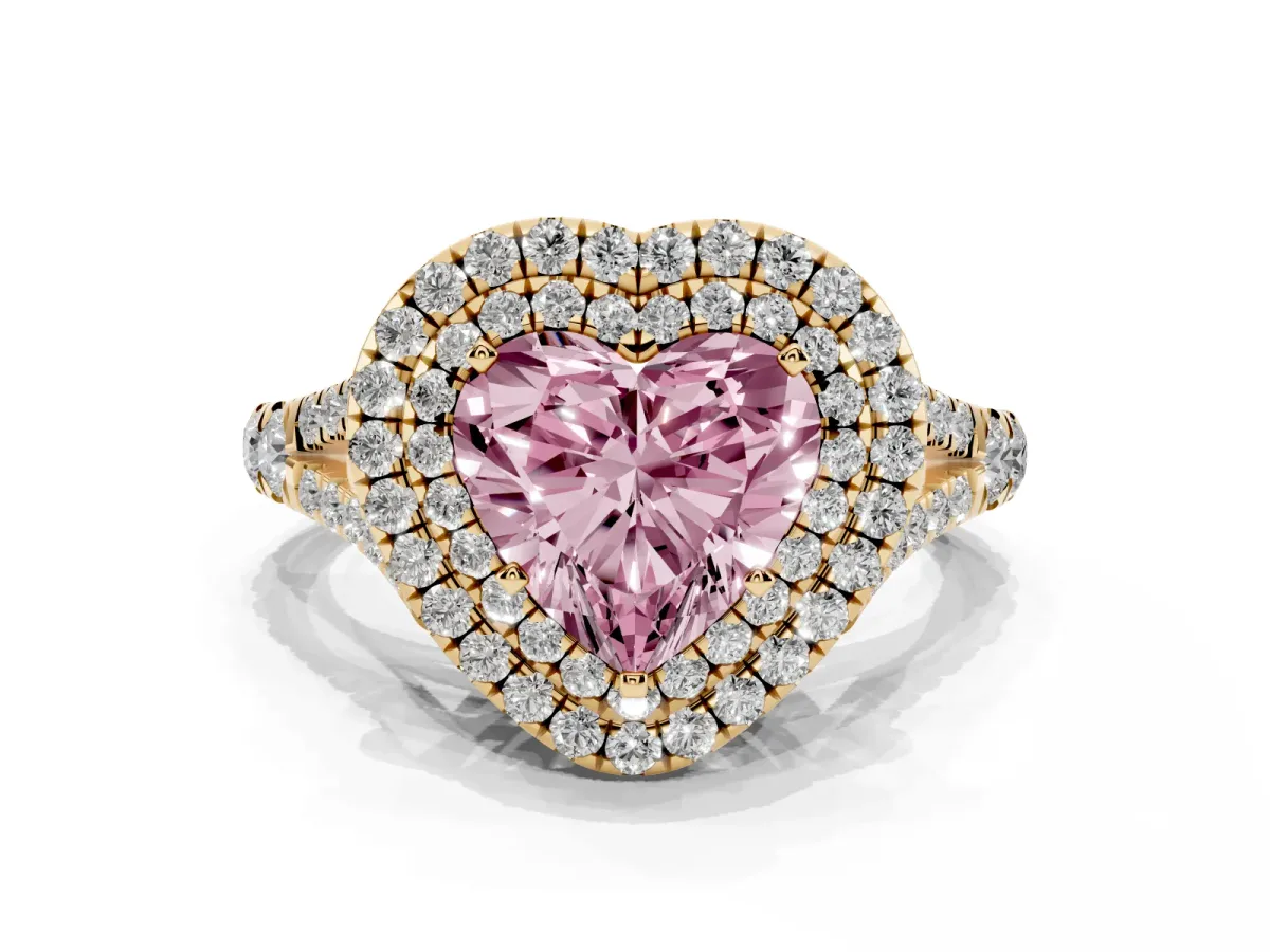 Fancy Pink Heart Cut Cut Double Halo Split Shank Diamond Ring with Prong Setting Yellow gold
