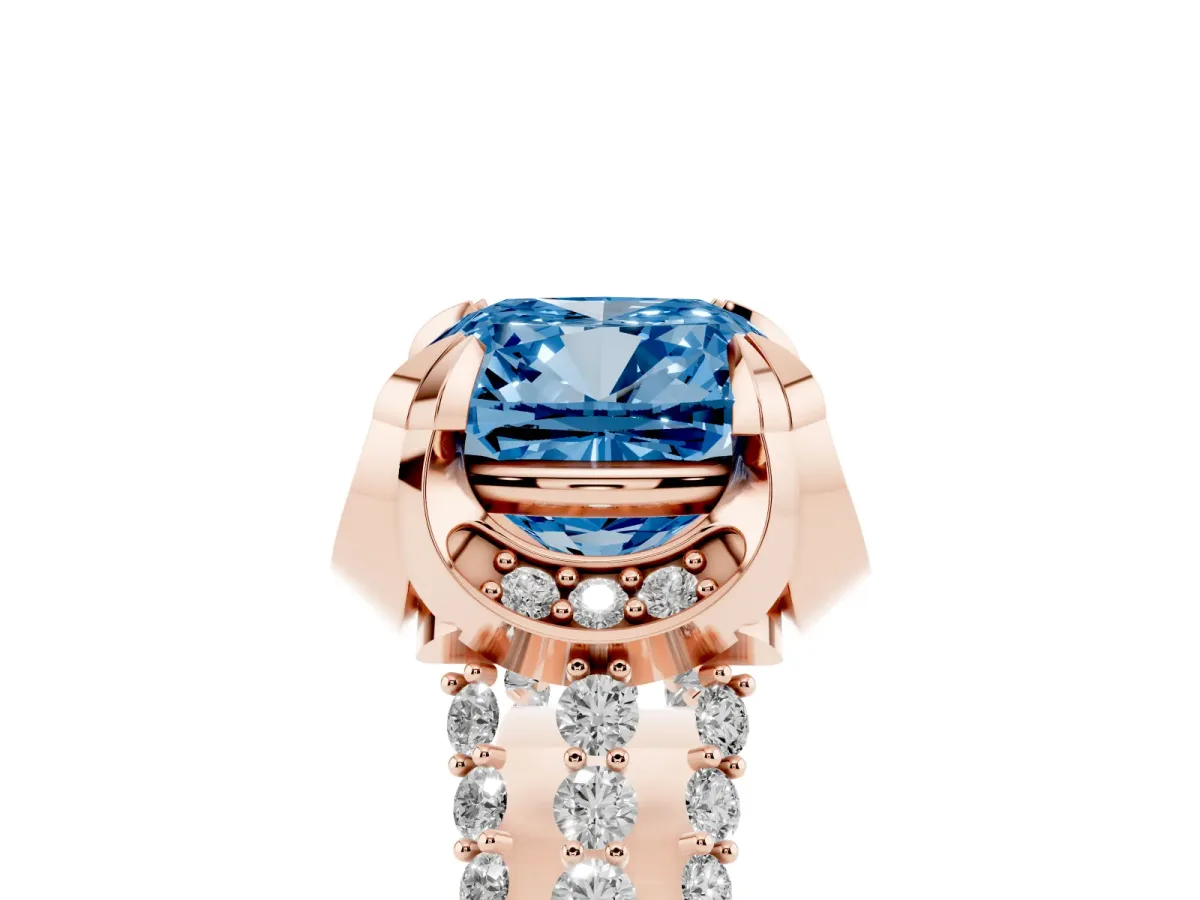 Fancy Blue Cushion Cut Solitaire Pave Split Shank Ring with Four-Prong Setting Rose gold