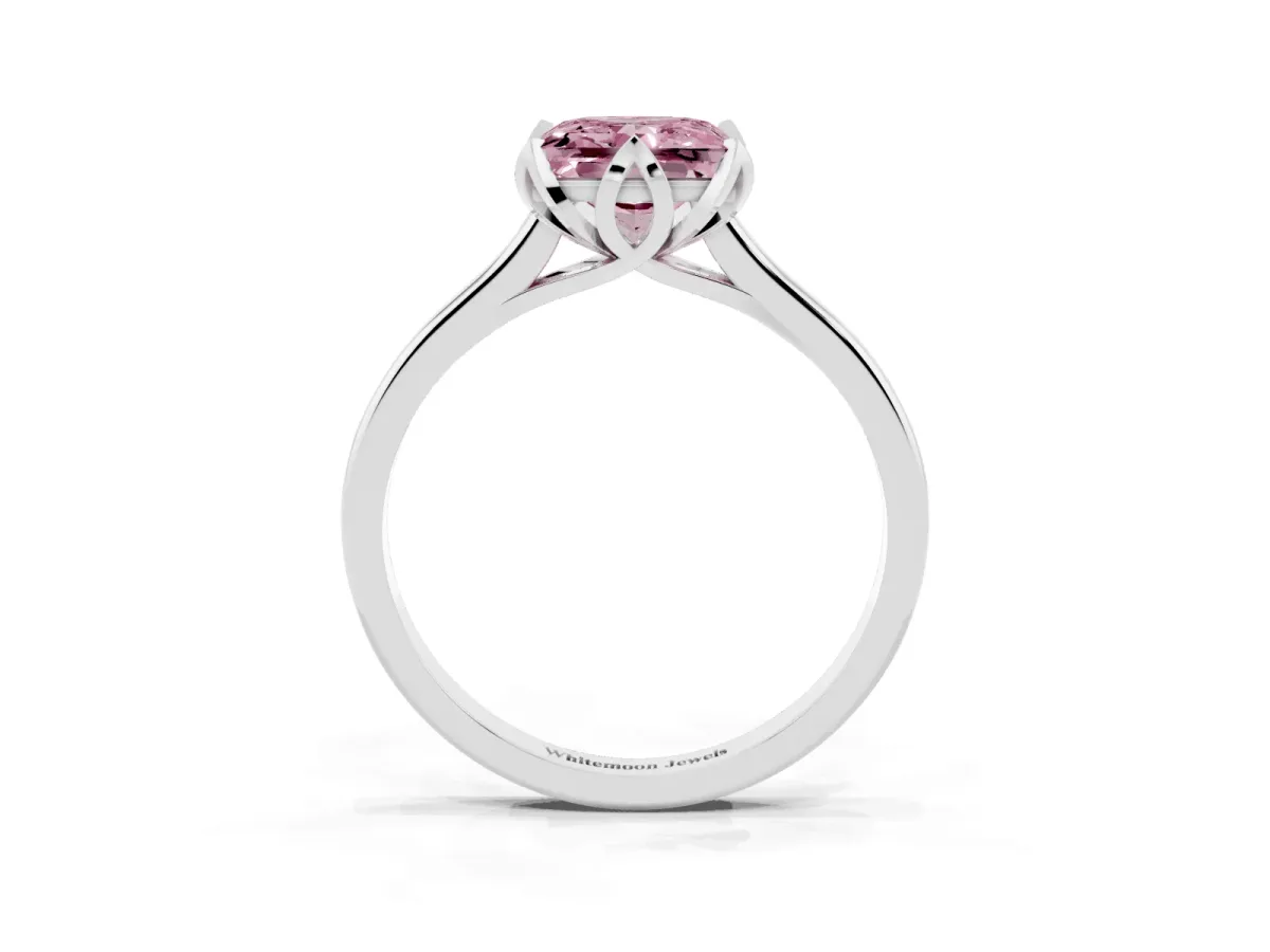 Fancy Pink Princess Cut Diamond Solitaire Ring with Flower Prong Setting and Classic Band Silver