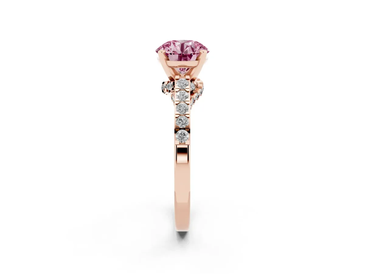 Fancy Pink Round Cut Diamond Solitaire Ring with Crossover Gallery and Round Pavé Band Rose gold