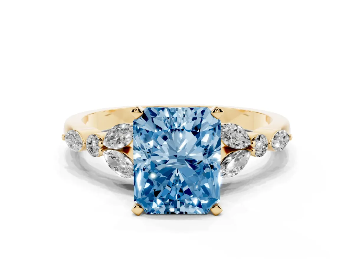 Fancy Blue Radiant Cut Diamond Solitaire Ring with Side Stones and Four-Prong Setting Yellow gold