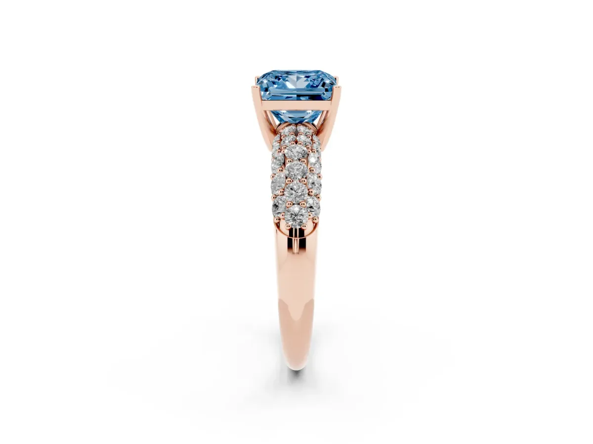 Fancy Blue Princess Cut Diamond Pavé Band Solitaire Ring with Four-Prong Setting Rose gold