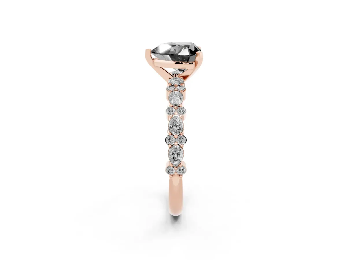 Fancy Black Heart Cut Diamond Side Stone Solitaire Ring with Round and Four-Prong Setting Rose gold