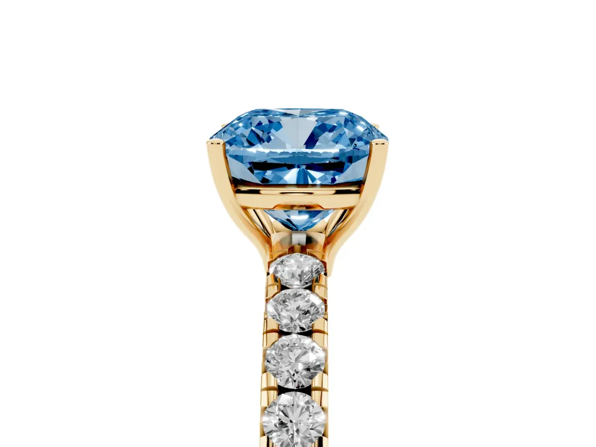 Fancy Blue Cushion Cut Diamond Pavé Solitaire Engagement Ring with Four-Prong Setting Yellow gold
