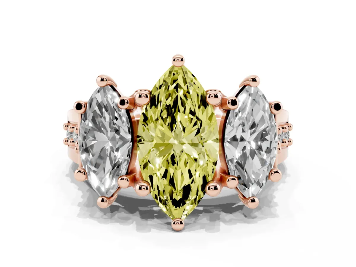 Fancy Yellow Marquise Cut Diamond Three-Stone Ring with Channel Set Band and Four-Prong Setting Rose gold
