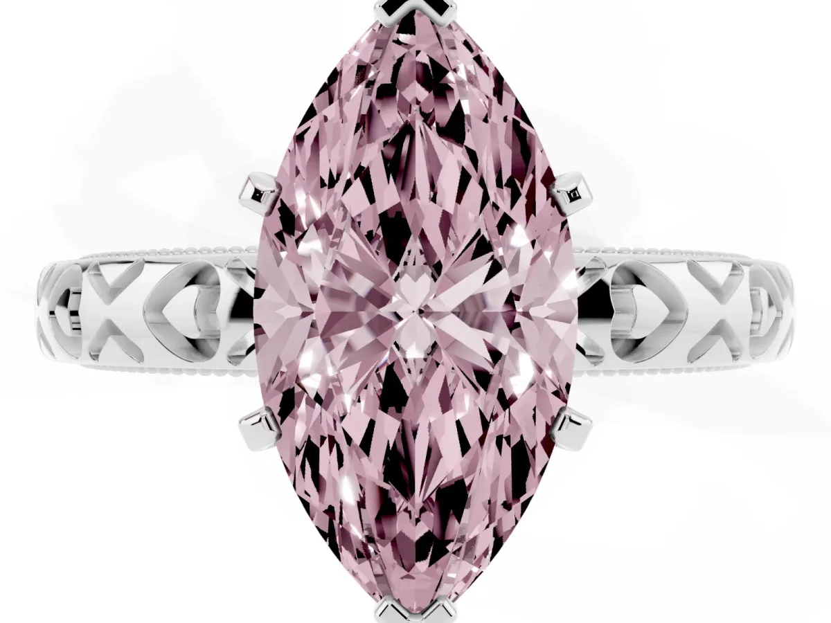 Fancy Pink Marquise Cut Solitaire Diamond Engagement Ring with XO Engraved Band and Four-Prong Setting White gold