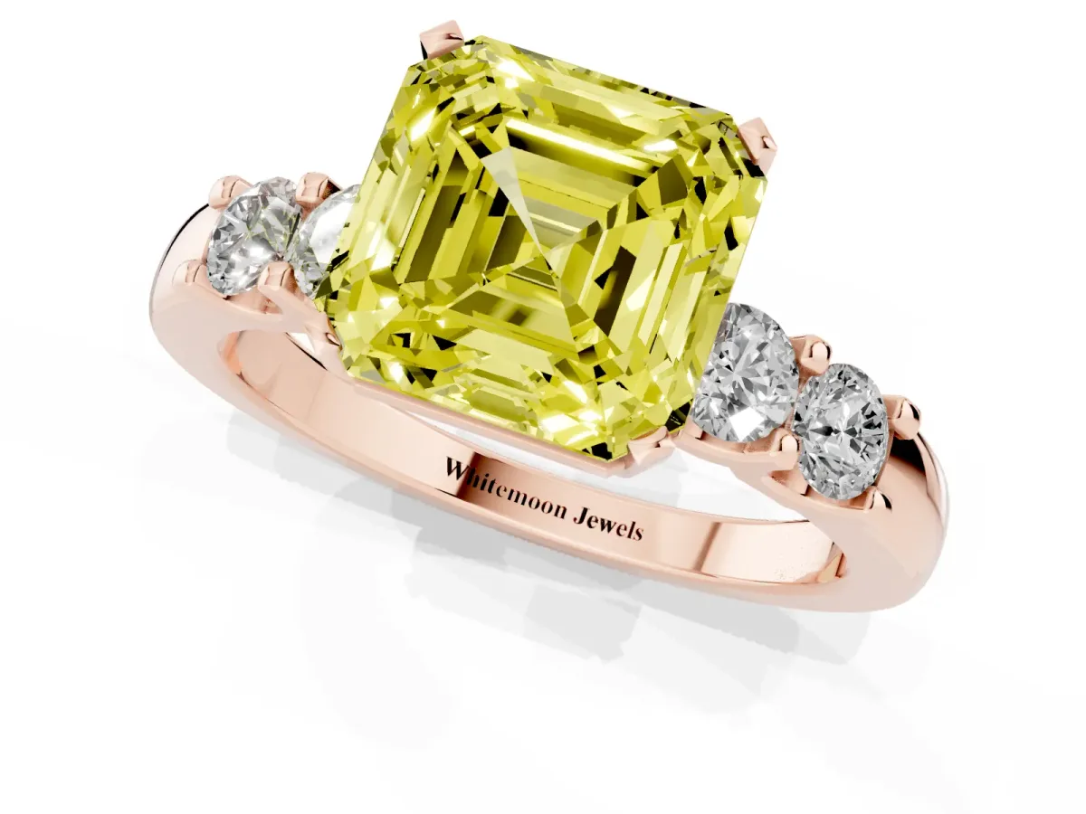 Fancy Yellow Asscher Cut Brilliant Cut Diamond Five-Stone Prong Set Engagement Ring with Channel Band Rose gold