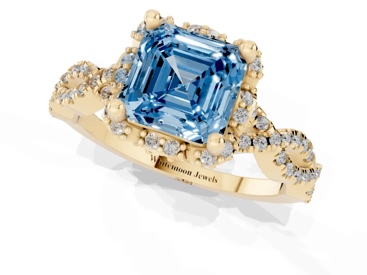 Fancy Blue Asscher Cut Halo Twist Band Solitaire Ring with Six-Prong Setting Yellow gold