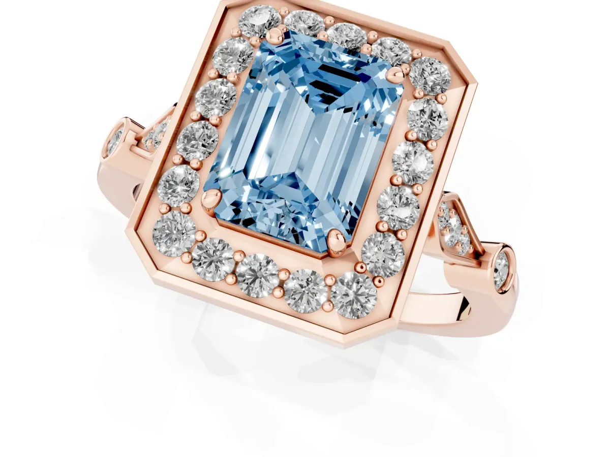 Fancy Blue Emerald Cut Halo Diamond Engagement Ring with Twisted Band and Four-Prong Setting Rose gold