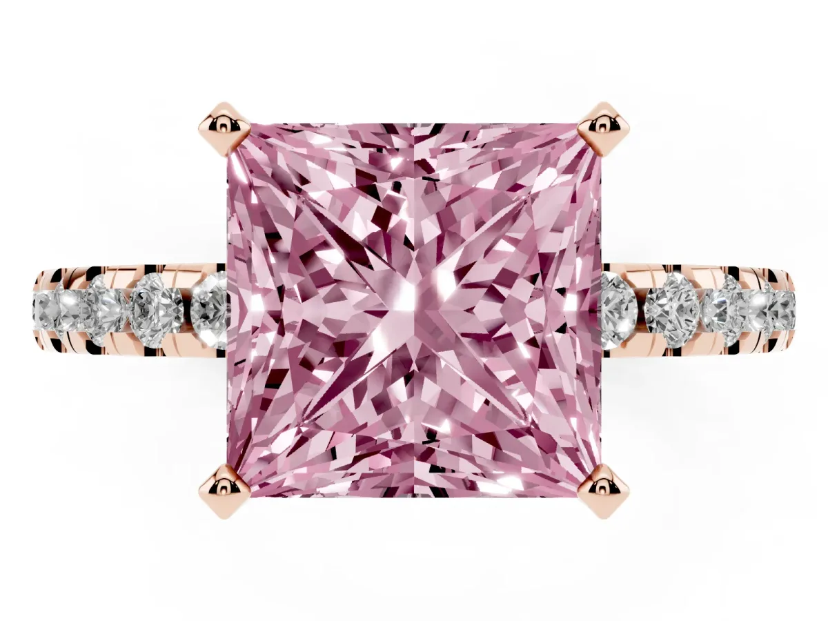 Fancy Pink Princess Cut Diamond Solitaire Ring with Round Pavé Band and Four-Prong Setting Rose gold
