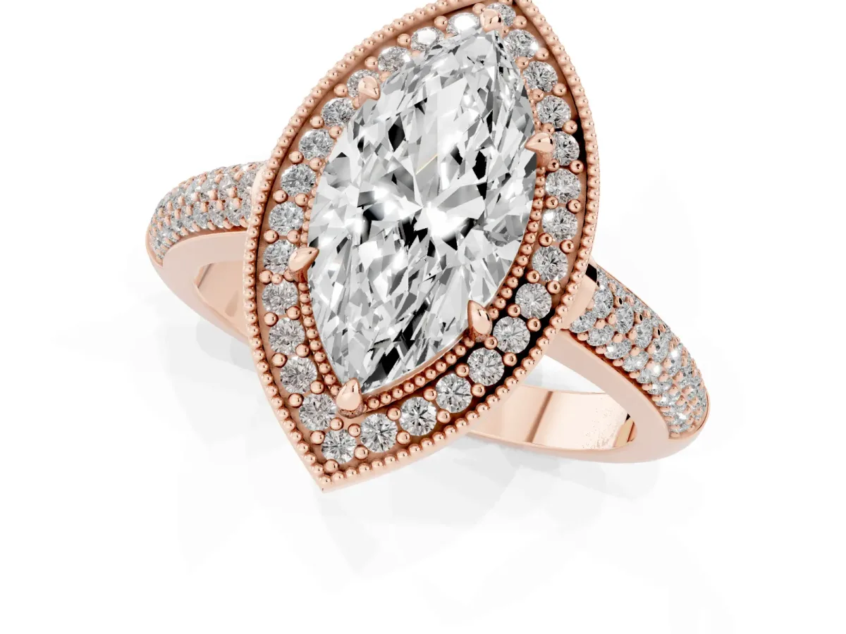 Marquise Cut Cut Halo Diamond Pave Band with Four-Prong Setting Rose gold