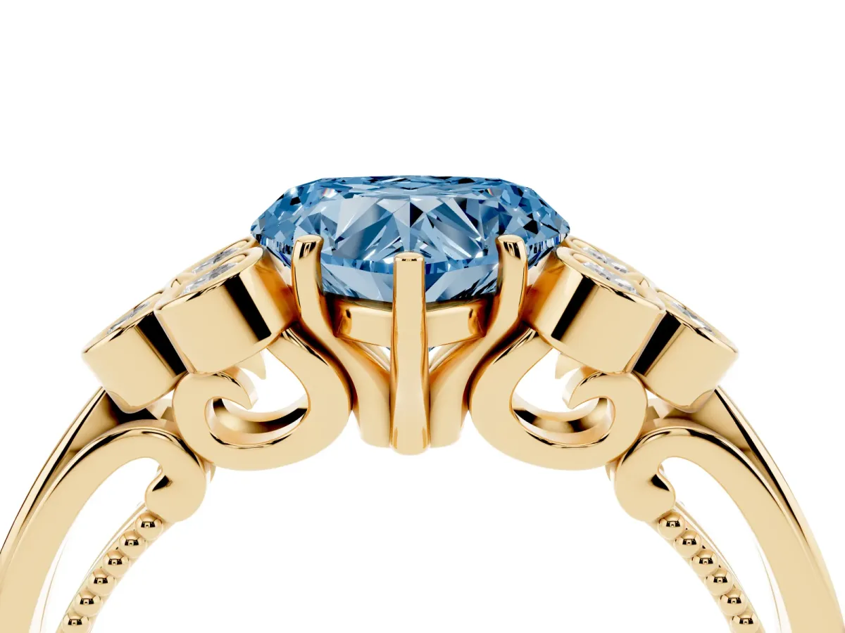 Fancy Blue Heart Cut Cut Diamond Engagement Ring with Bezel Set Round Side Stones and Prong Setting Yellow gold