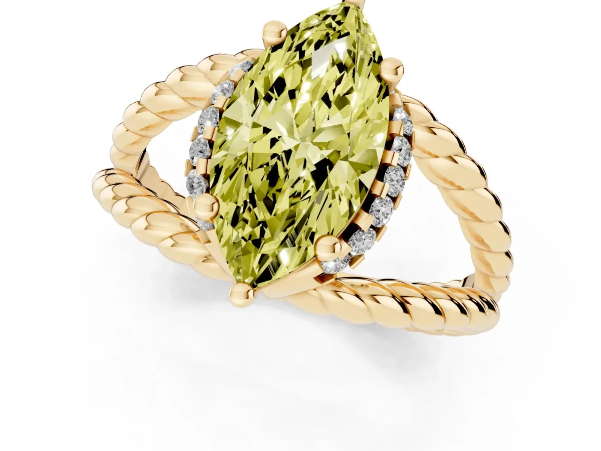 Fancy Yellow Marquise Cut Halo Twisted Band Four-Prong Ring Yellow gold