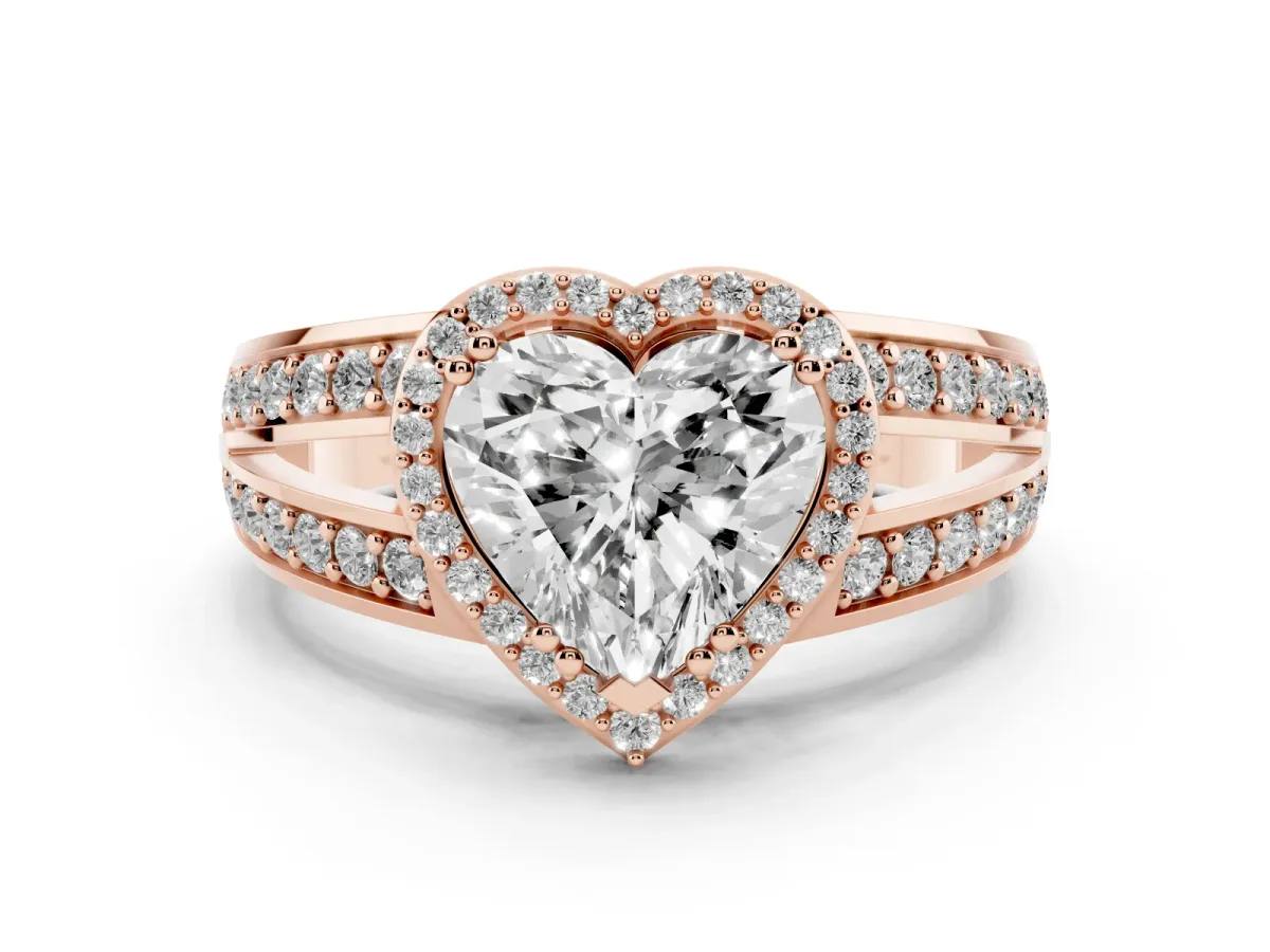 Heart Cut Diamond Halo Ring with Split Shank Pavé Band and Four-Prong Setting Rose gold