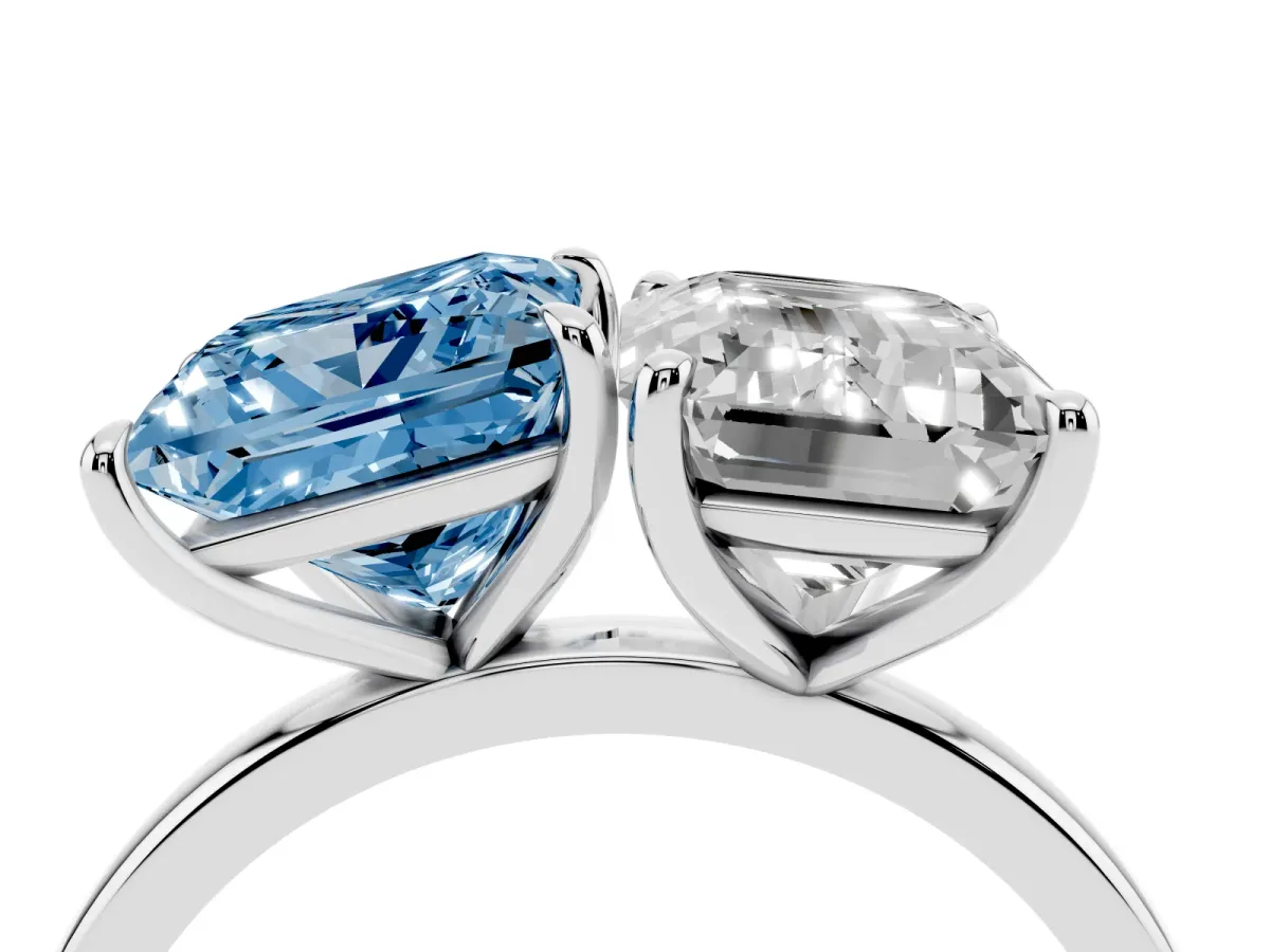 Fancy Blue Princess Cut and Emerald Cut Toi Moi Ring with Prong Setting Platinum