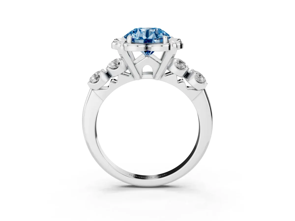 Fancy Blue Round Cut Cut Diamond Floral Halo Engagement Ring with Shared Prong Setting Silver