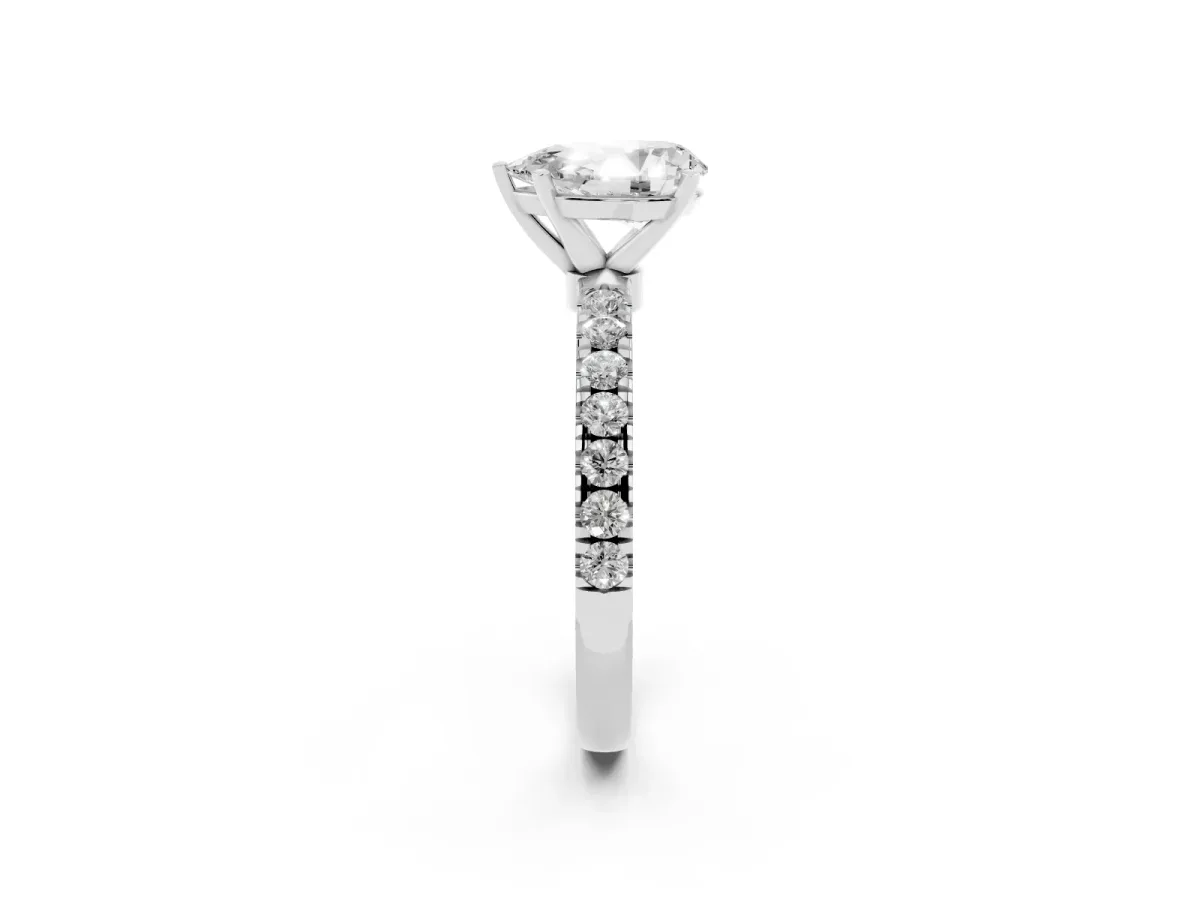 Pear Cut Diamond Solitaire Ring with Pavé Accents and Four-Prong Setting Silver