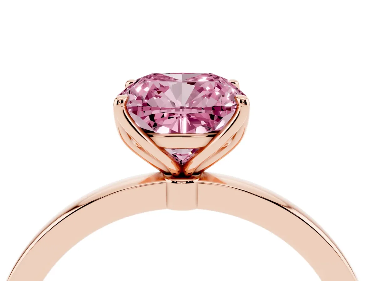 Fancy Pink Cushion Cut Diamond Solitaire Ring with Thin Band and Prong Setting Rose gold