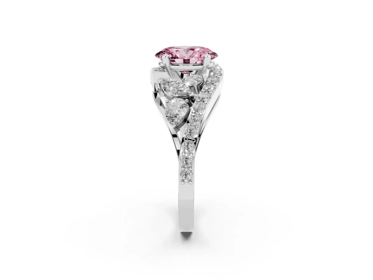 Fancy Pink Oval Cut Diamond Halo Ring with Marquise and Pavé Band in Prong Setting White gold