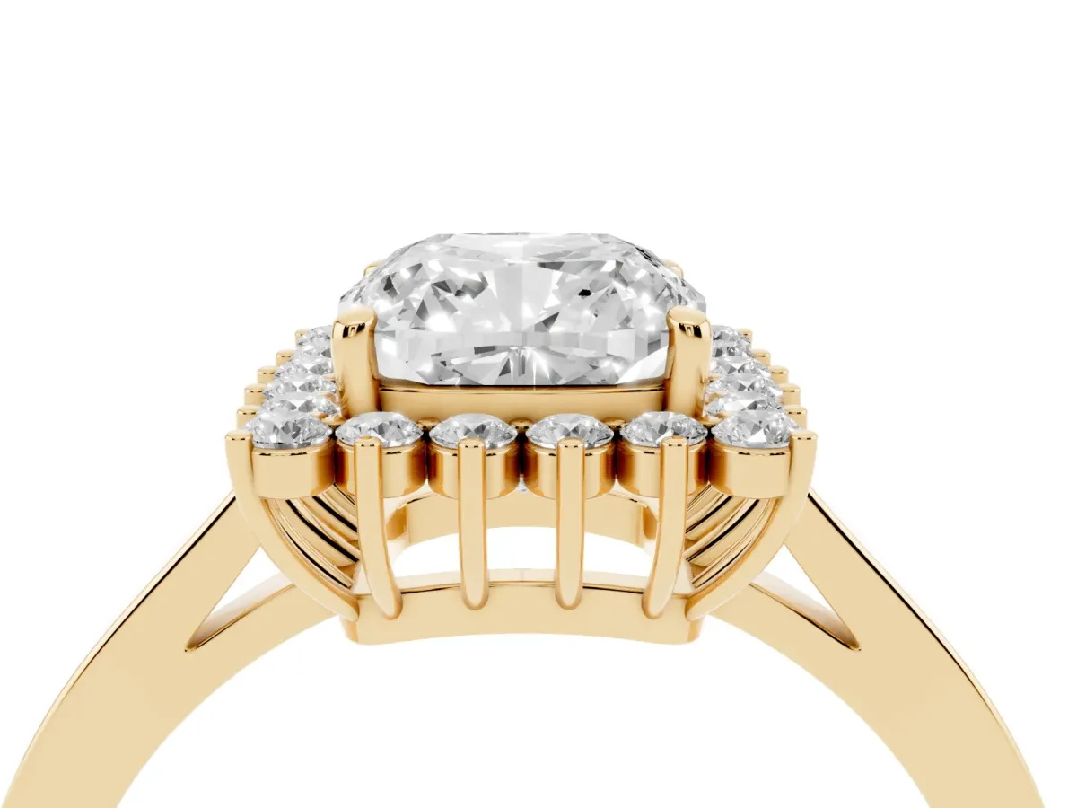 Cushion Cut Cut Diamond Halo Ring with Round Brilliant Halo and Solitaire Band Yellow gold