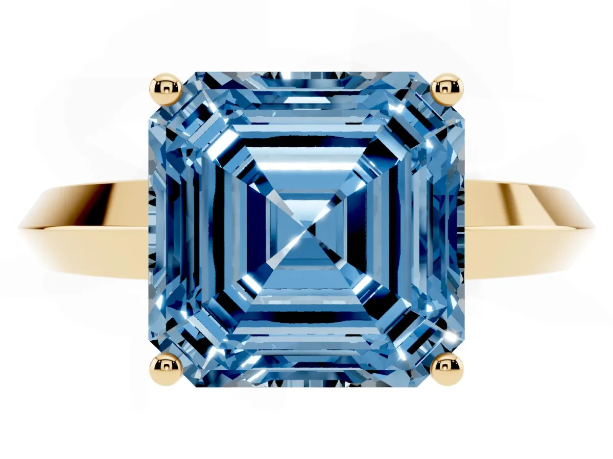 Fancy Blue Asscher Cut Cut Solitaire Engagement Ring with Flat Band and Four-Prong Setting Yellow gold