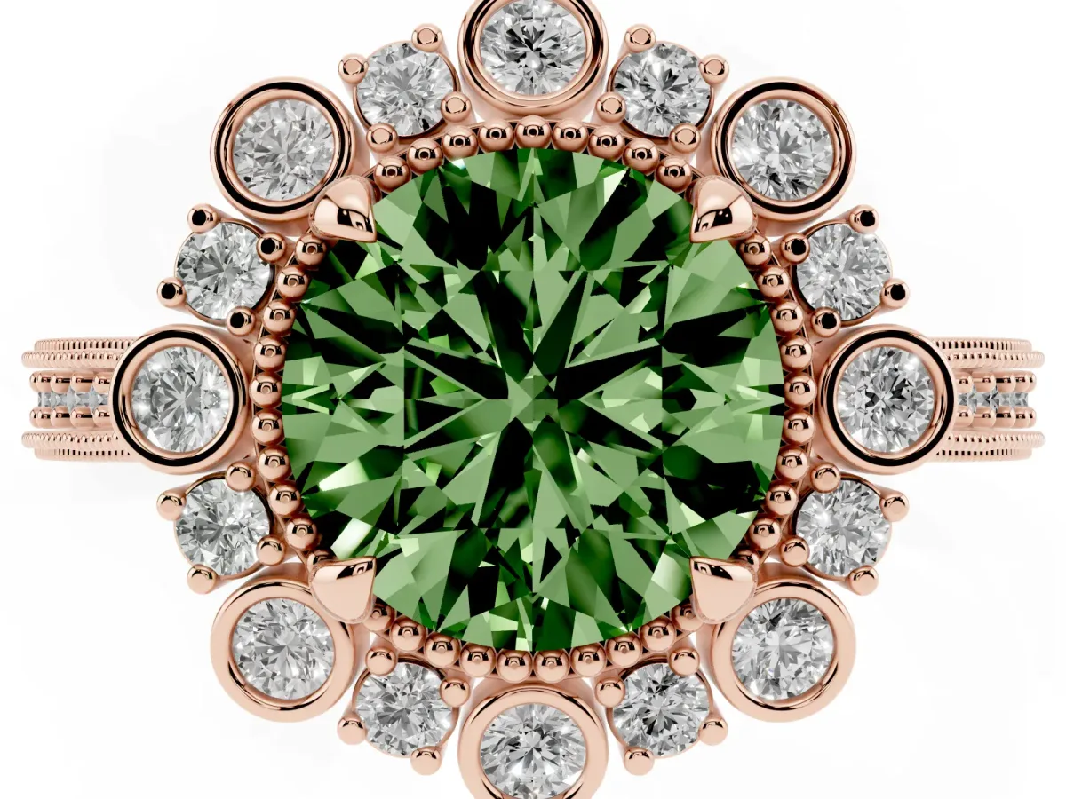 Fancy Green Round Cut Halo Milgrain Pave Diamond Ring with Four-Prong Setting Rose gold