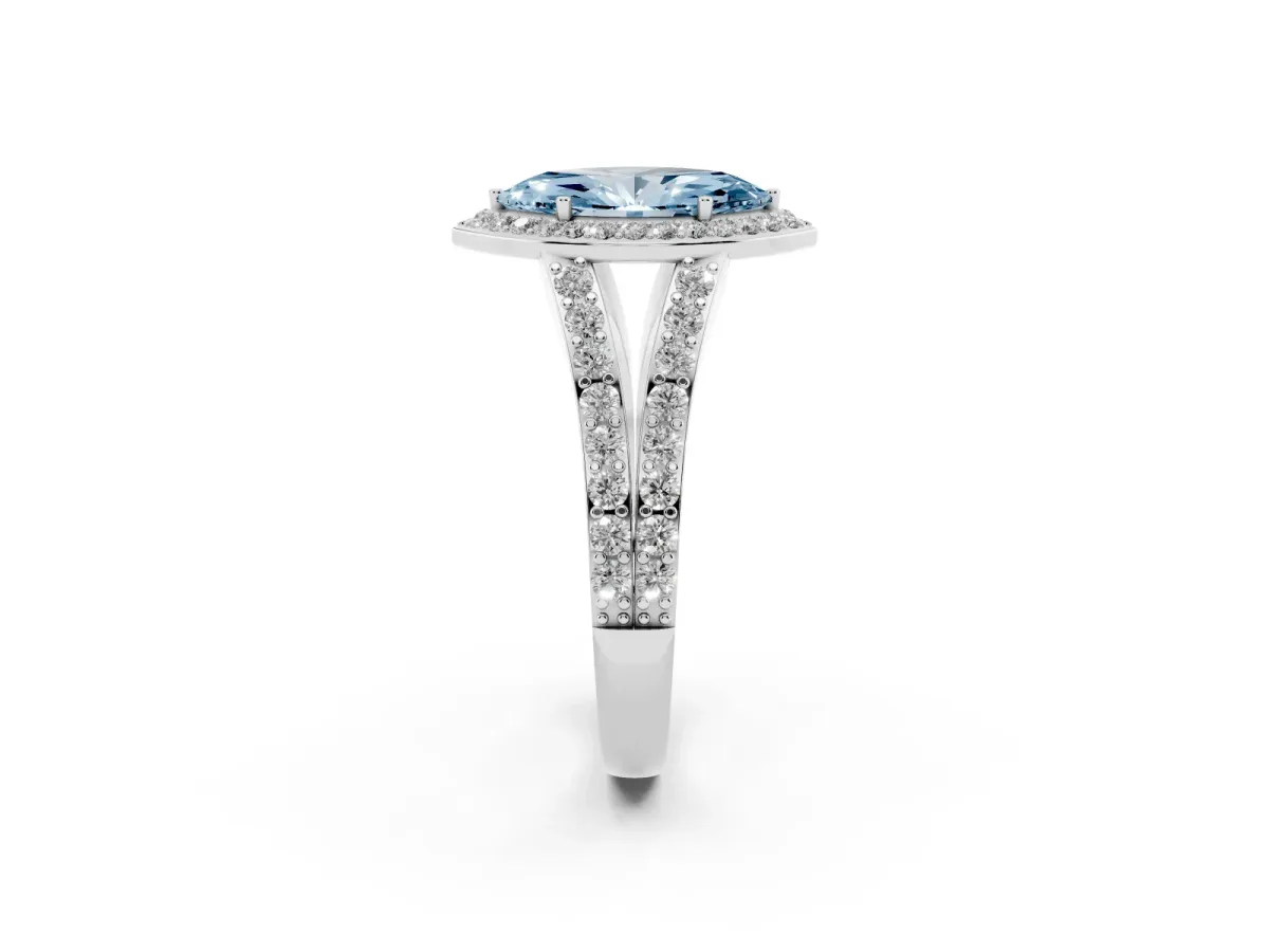 Fancy Blue Marquise Cut Diamond Split Shank Halo Ring with Four-Prong Setting Silver