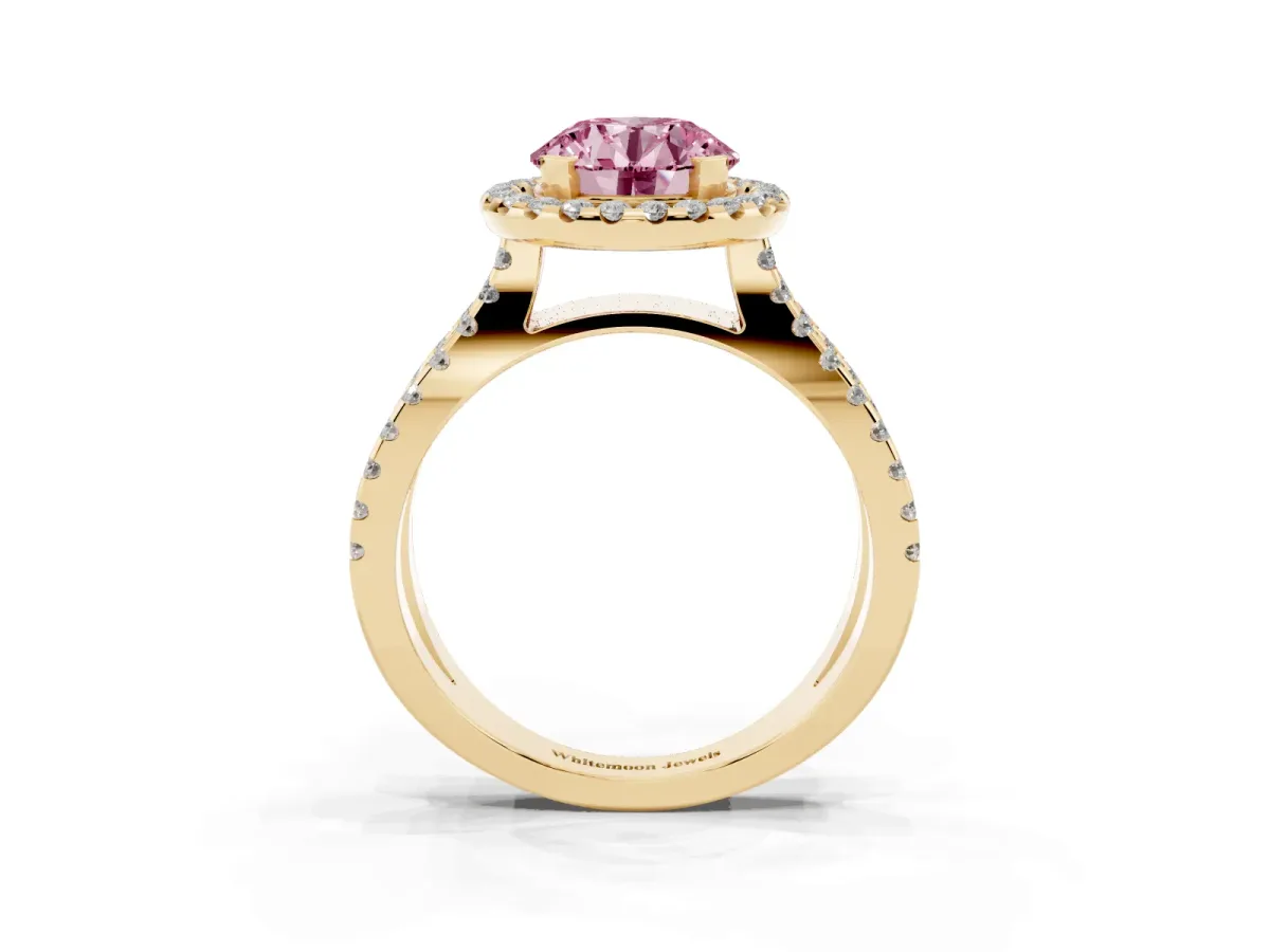 Fancy Pink Round Cut Diamond Halo Ring with Split Shank Pavé Band and Prong Setting Yellow gold