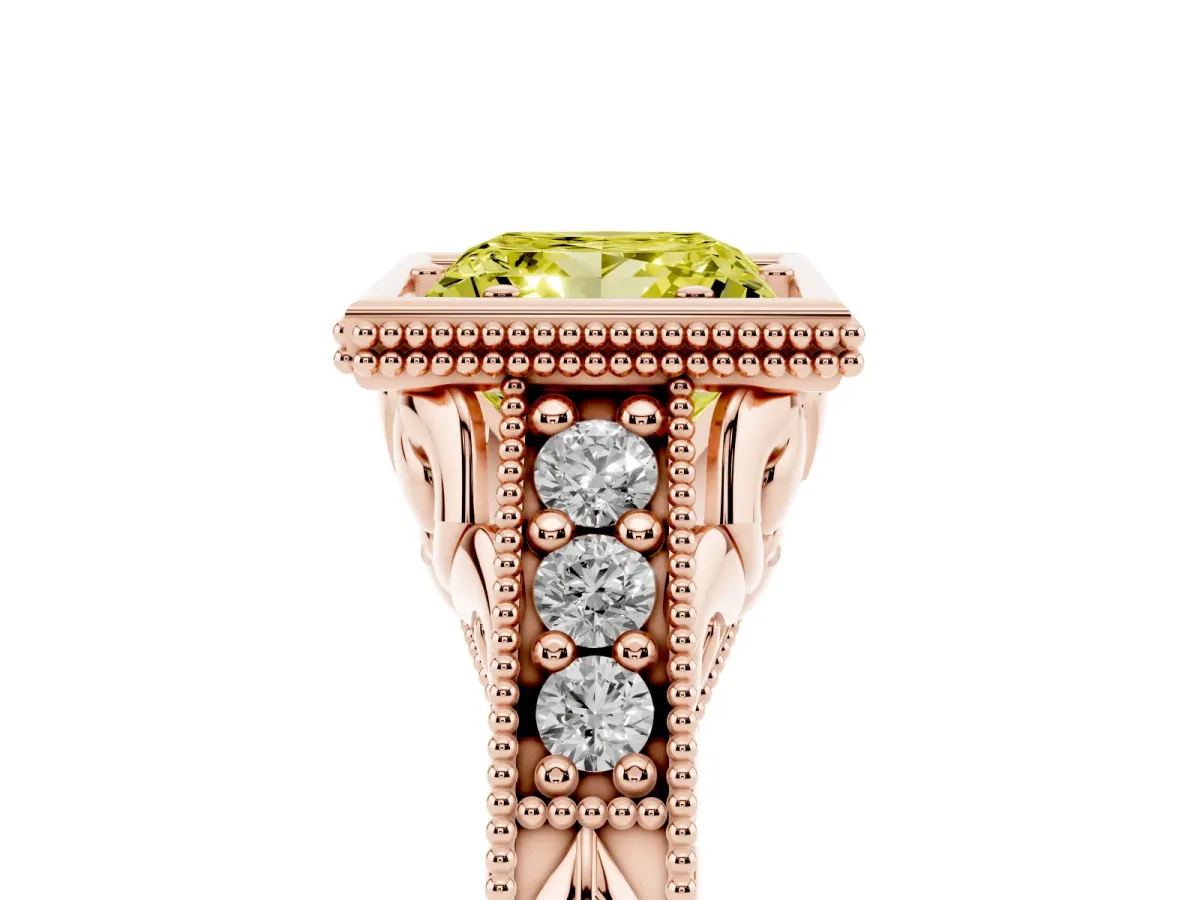 Fancy Yellow Bezel Set Princess Cut Diamond Milgrain Pave Engagement Ring Rose gold
