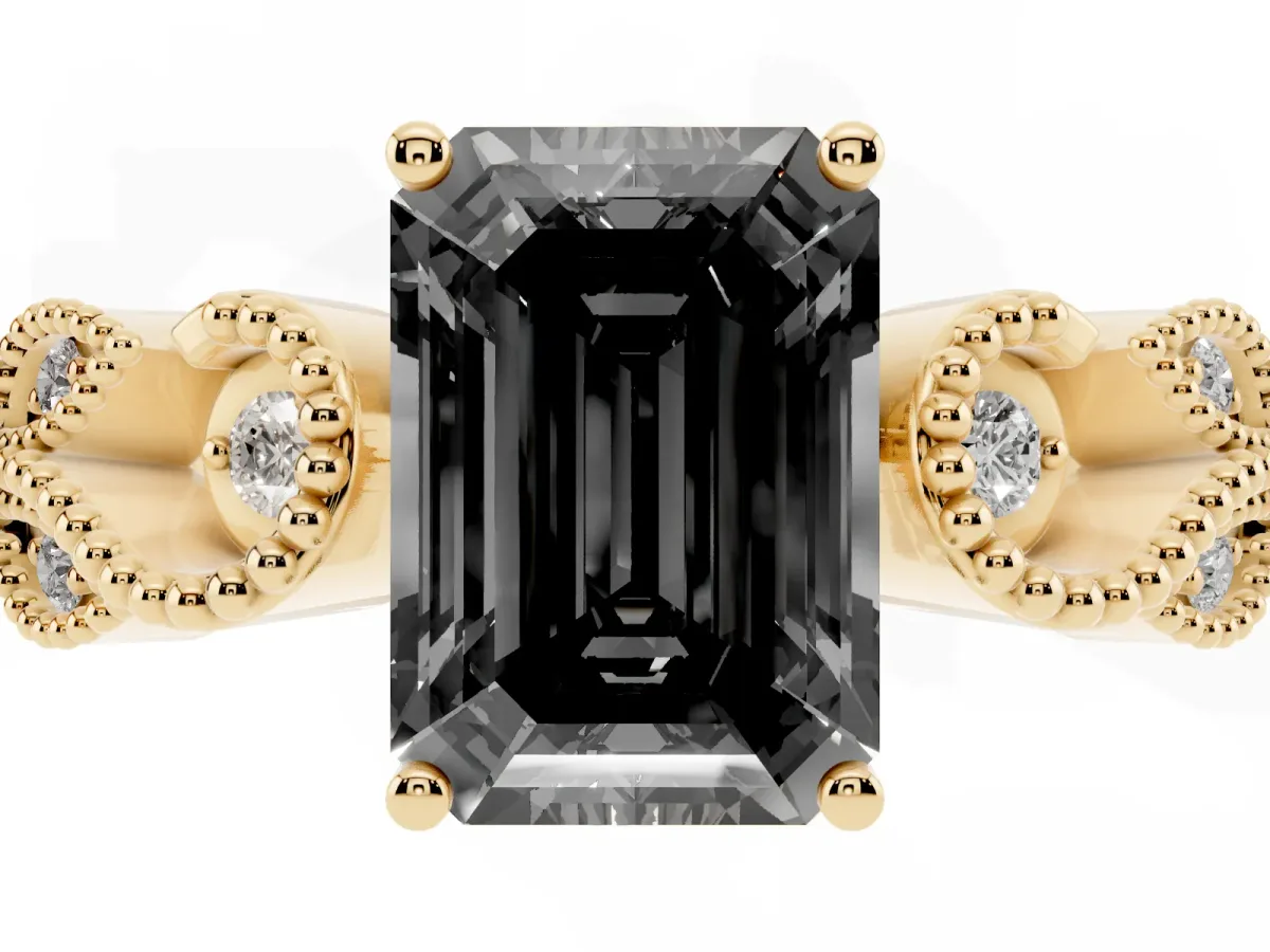 Fancy Black Emerald Cut Solitaire Milgrain Leaf Band with Prong Setting Yellow gold