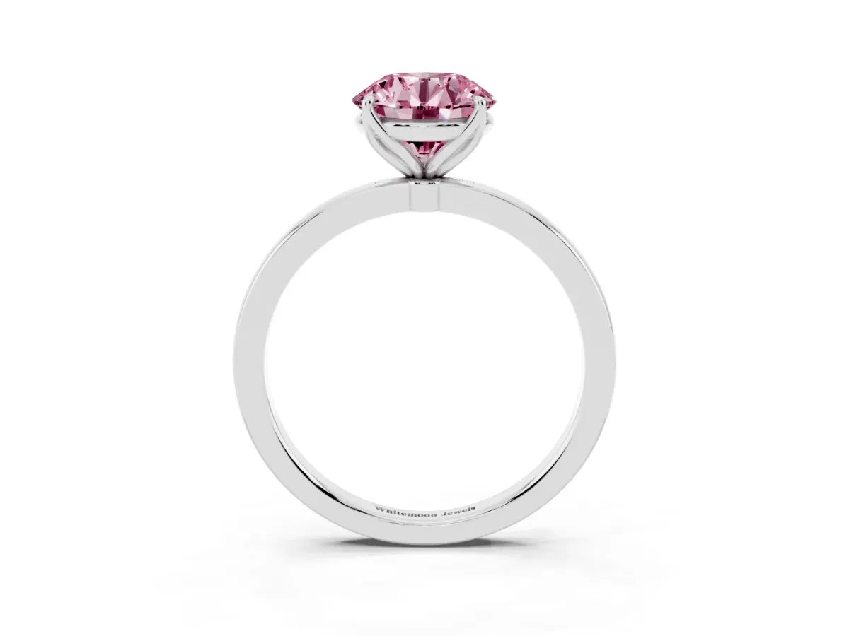 Fancy Pink Round Cut Diamond Solitaire Ring with Thin Band and Prong Setting Platinum