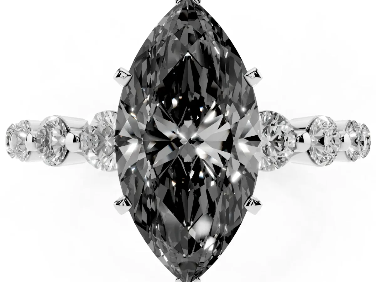 Fancy Black Marquise Cut Solitaire Diamond Ring with Pave Band and Four-Prong Setting Silver