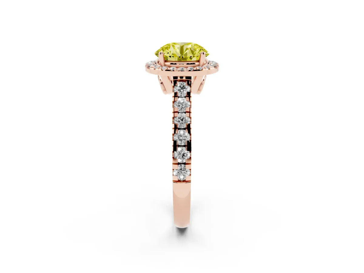 Fancy Yellow Round Cut Halo Pavé Diamond Engagement Ring with Four-Prong Setting Rose gold